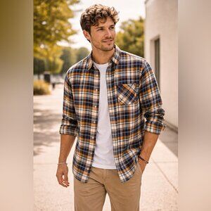 Wings + Horns Plaid Button Down Shirt Blue Orange Cotton Mens S Japan Casual